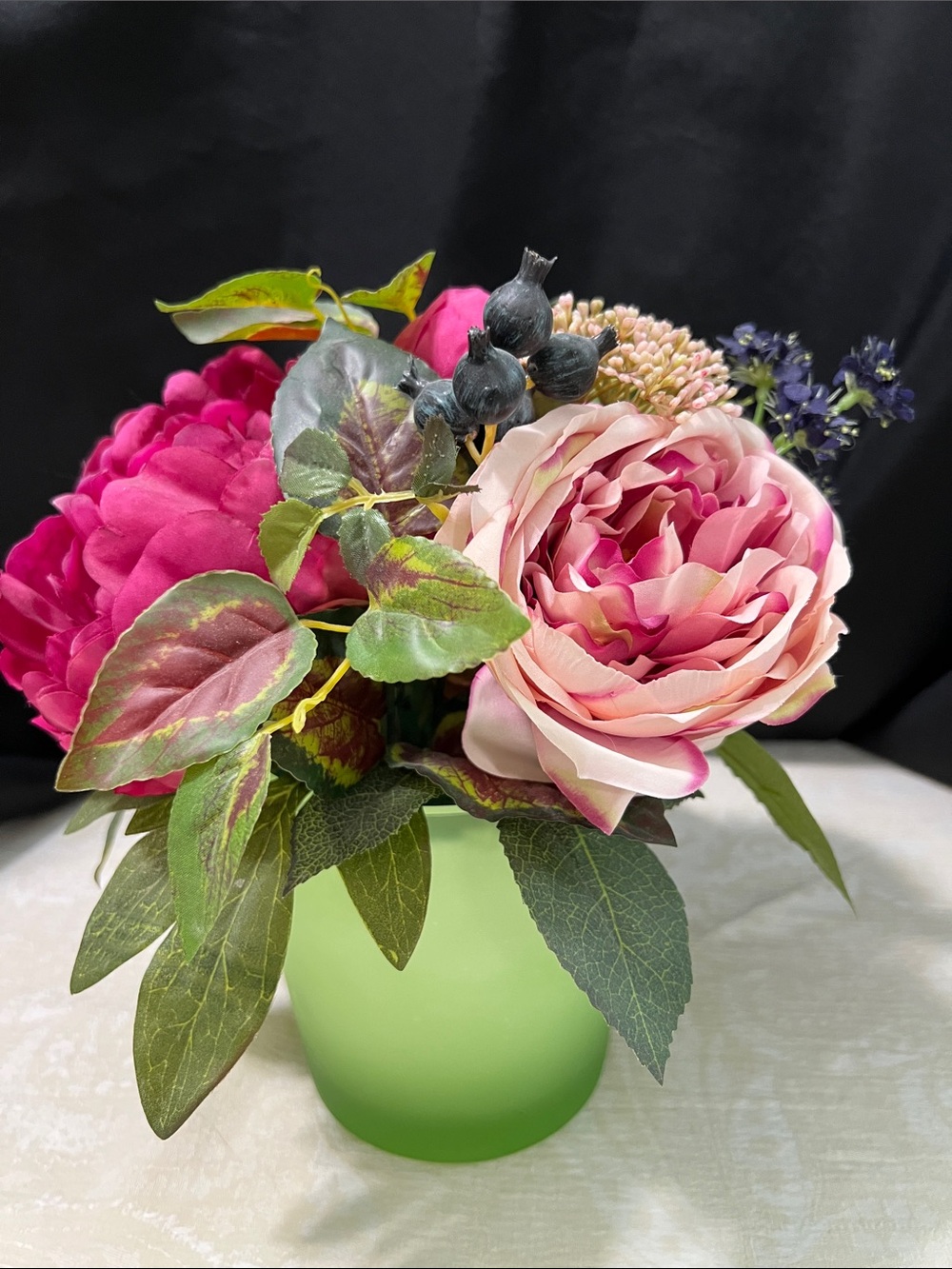 Cost Plus World Market Pink & Magenta Peony and Rose Arrangement in Green Vase